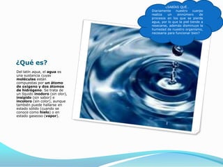 ¿Qué es?
Del latín aqua, el agua es
una sustancia cuyas
moléculas están
compuestas por un átomo
de oxígeno y dos átomos
de...