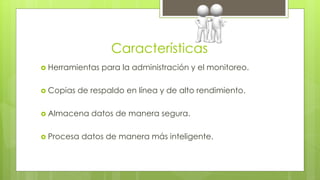 Características 
 Herramientas para la administración y el monitoreo. 
 Copias de respaldo en línea y de alto rendimiento. 
 Almacena datos de manera segura. 
 Procesa datos de manera más inteligente. 
 