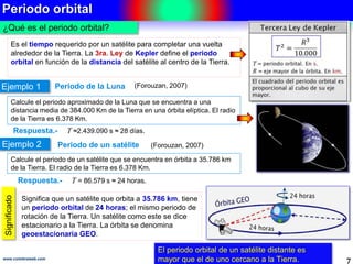 Periodo orbital 
¿Qué es el periodo orbital? 
Es el tiempo requerido por un satélite para completar una vuelta 
alrededor de la Tierra. La 3ra. Ley de Kepler define el periodo 
orbital en función de la distancia del satélite al centro de la Tierra. 
Ejemplo 1 Periodo de la Luna 
(Forouzan, 2007) 
Calcule el periodo aproximado de la Luna que se encuentra a una 
distancia media de 384.000 Km de la Tierra en una órbita elíptica. El radio 
de la Tierra es 6.378 Km. 
Respuesta.- T ≈2.439.090 s ≈ 28 días. 
Ejemplo 2 Periodo de un satélite 
(Forouzan, 2007) 
Calcule el periodo de un satélite que se encuentra en órbita a 35.786 km 
de la Tierra. El radio de la Tierra es 6.378 Km. 
Respuesta.- T = 86.579 s ≈ 24 horas. 
Significa que un satélite que orbita a 35.786 km, tiene 
un periodo orbital de 24 horas; el mismo periodo de 
rotación de la Tierra. Un satélite como este se dice 
estacionario a la Tierra. La órbita se denomina 
geoestacionaria GEO. 
Significado 
El periodo orbital de un satélite distante es 
mayor que el de uno cercano a la Tierra. 
7 www.coimbraweb.com 
 