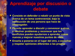 Aprendizaje por discusión oAprendizaje por discusión o
debatedebate
 Consiste en defender o rebatir un punto de vista
acerca de un tema controversial, bajo la
conducción de una persona que hace de
interrogador.
 Permite aprender a discutir y convencer a otros,
a resolver problemas y reconocer que los
conflictos pueden ayudarnos a aprender cosas
nuevas y mejorar nuestros puntos de vista.
 Enseña a ponerse en el lugar del otro, a escuchar
y respetar opiniones diferentes a las propias
 
