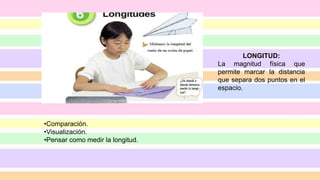 •Comparación.
•Visualización.
•Pensar como medir la longitud.
LONGITUD:
La magnitud física que
permite marcar la distancia
que separa dos puntos en el
espacio.
 