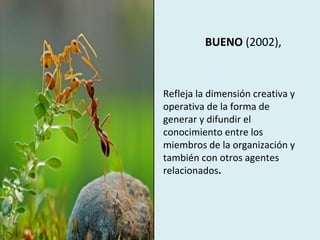 BUENO (2002),
Refleja la dimensión creativa y
operativa de la forma de
generar y difundir el
conocimiento entre los
miembros de la organización y
también con otros agentes
relacionados.
 