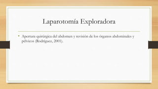 Laparotomía Exploradora
• Apertura quirúrgica del abdomen y revisión de los órganos abdominales y
pélvicos (Rodríguez, 2001).
 