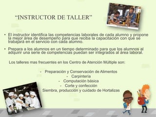 “INSTRUCTOR DE TALLER”
• El instructor identifica las competencias laborales de cada alumno y propone
la mejor área de desempeño para que reciba la capacitación con que se
trabajará en el servicio con cada alumno.
• Prepara a los alumnos en un tiempo determinado para que los alumnos al
adquirir una serie de competencias puedan ser integrados al área laboral.
Los talleres mas frecuentes en los Centro de Atención Múltiple son:
- Preparación y Conservación de Alimentos
- Carpintería
- Computación básica
- Corte y confección
- Siembra, producción y cuidado de Hortalizas
 