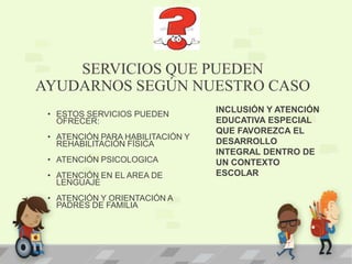 SERVICIOS QUE PUEDEN
AYUDARNOS SEGÚN NUESTRO CASO
• ESTOS SERVICIOS PUEDEN
OFRECER:
• ATENCIÓN PARA HABILITACIÓN Y
REHABILITACIÓN FÍSICA
• ATENCIÓN PSICOLOGICA
• ATENCIÓN EN EL AREA DE
LENGUAJE
• ATENCIÓN Y ORIENTACIÓN A
PADRES DE FAMILIA
INCLUSIÓN Y ATENCIÓN
EDUCATIVA ESPECIAL
QUE FAVOREZCA EL
DESARROLLO
INTEGRAL DENTRO DE
UN CONTEXTO
ESCOLAR
 