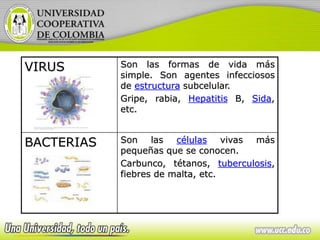 VIRUS Son las formas de vida más
simple. Son agentes infecciosos
de estructura subcelular.
Gripe, rabia, Hepatitis B, Sida,
etc.
BACTERIAS Son las células vivas más
pequeñas que se conocen.
Carbunco, tétanos, tuberculosis,
fiebres de malta, etc.
 
