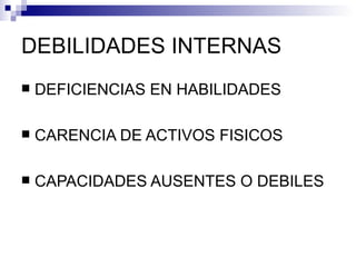 DEBILIDADES INTERNAS DEFICIENCIAS EN HABILIDADES CARENCIA DE ACTIVOS FISICOS CAPACIDADES AUSENTES O DEBILES 