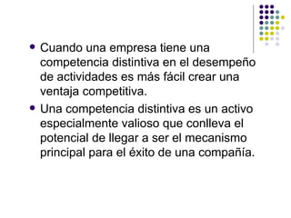 Cuando una empresa tiene una competencia distintiva en el desempeño de actividades es más fácil crear una ventaja competitiva. Una competencia distintiva es un activo especialmente valioso que conlleva el potencial de llegar a ser el mecanismo principal para el éxito de una compañía. 