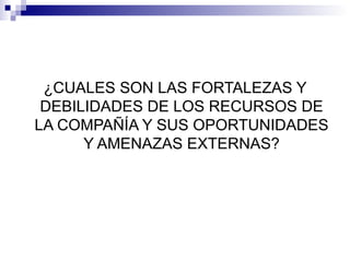 ¿CUALES SON LAS FORTALEZAS Y DEBILIDADES DE LOS RECURSOS DE LA COMPAÑÍA Y SUS OPORTUNIDADES Y AMENAZAS EXTERNAS? 