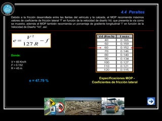 Debido a la fricción desarrollada entre las llantas del vehículo y la calzada, el MOP recomienda máximos
valores de coeficiente de fricción lateral “f” en función de la velocidad de diseño Vd. que presenta la vía como
se muestra, además el MOP también recomienda un porcentaje de gradiente longitudinal “i” en función de la
Velocidad de Diseño “Vd”, así:
Especificaciones MOP -
Coeficientes de fricción lateral
f
R
V
e 

127
2
Donde:
V = 60 Km/h
F = 0.152
R = 45 m
e = 47.79 %
4.4 Peraltes
 
