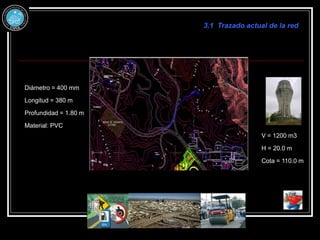 3.1 Trazado actual de la red
Cota = 110.0 m
V = 1200 m3
H = 20.0 m
Diámetro = 400 mm
Longitud = 380 m
Profundidad = 1.80 m
Material: PVC
 