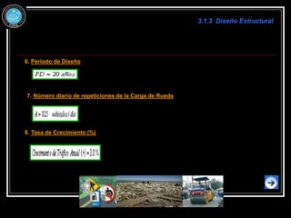 3.1.3 Diseño Estructural
6. Periodo de Diseño
7. Número diario de repeticiones de la Carga de Rueda
8. Tasa de Crecimiento (%)
 