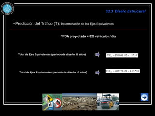 • Predicción del Tráfico (T): Determinación de los Ejes Equivalentes
TPDA proyectado = 825 vehículos / día
Total de Ejes Equivalentes (periodo de diseño 10 años)
Total de Ejes Equivalentes (periodo de diseño 20 años)
3.2.3 Diseño Estructural
5
10 10
*
5
.
1
197
.
150940 

TEE
5
20 10
*
05
.
4
671
.
405779 

TEE
 