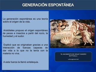 La generación espontánea es una teoría
sobre el origen de la vida.


Aristóteles propuso el origen espontáneo
de peces e insectos a partir del rocío, la
humedad y el sudor.

.
 Explicó que se originaban gracias a una
interacción de fuerzas capaces de
dar vida a lo que no la tenía con la
materia no viva.                             “EL NACIMIENTO DE VENUS” SANDRO
                                                        BOTTICELLI.

                                                      culturageneral.net

A esta fuerza la llamó entelequia.
 