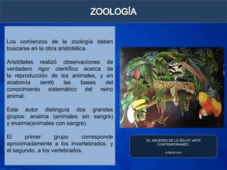 Los comienzos de la zoología deben
buscarse en la obra aristotélica.

Aristóteles realizó observaciones de
verdadero rigor científico acerca de
la reproducción de los animales, y en
anatomía    sentó   las   bases    del
conocimiento sistemático del reino
animal.

Este autor distinguía dos grandes
grupos: anaima (animales sin sangre)
y enaima(animales con sangre).

El     primer      grupo     corresponde
                                           “EL ASCENSO DE LA SELVA” ARTE
aproximadamente a los invertebrados, y           CONTEMPORANEO.

el segundo, a los vertebrados.                       artquid.com
 