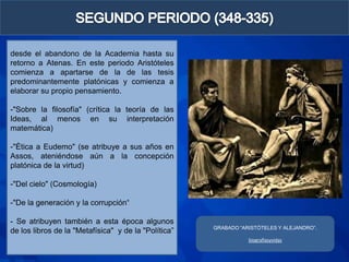 desde el abandono de la Academia hasta su
retorno a Atenas. En este periodo Aristóteles
comienza a apartarse de la de las tesis
predominantemente platónicas y comienza a
elaborar su propio pensamiento.

-"Sobre la filosofía" (crítica la teoría de las
Ideas, al menos en su interpretación
matemática)

-"Ética a Eudemo" (se atribuye a sus años en
Assos, ateniéndose aún a la concepción
platónica de la virtud)

-"Del cielo" (Cosmología)

-"De la generación y la corrupción“

- Se atribuyen también a esta época algunos
                                                      GRABADO “ARISTÓTELES Y ALEJANDRO”.
de los libros de la "Metafísica" y de la "Política”
                                                                 biografiasyvidas
 