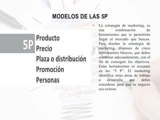 MODELOS DE LAS 5P
• La estrategia de marketing, es
una combinación de
herramientas que te permitirán
llegar al mercado que buscas.
Para diseñar la estrategia de
marketing, dispones de cinco
instrumentos básicos, que debes
combinar adecuadamente, con el
fin de conseguir los objetivos.
Estas herramientas se resumen
en las “5 P”. El marketing
identifica estas áreas de trabajo
o desarrollo que debes
considerar para que tu negocio
sea exitoso.
 