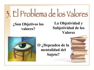 3. El Problema de los Valores ¿Son Objetivos los valores? La Objetividad y Subjetividad de los Valores O ¿Dependen de la mentalidad del Sujeto? 