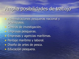 Amplia posibilidades de trabajo Administraciones pesqueras nacional y provinciales. Centros de investigación. Empresas pesqueras. Empresas y agencias marítimas. Peritaje marítimo y laboral. Diseño de artes de pesca. Educación pesquera. 