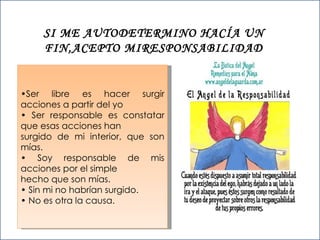 SI ME AUTODETERMINO HACÍA UN FIN,ACEPTO MIRESPONSABILIDAD • Ser libre es hacer surgir acciones a partir del yo •  Ser responsable es constatar que esas acciones han  surgido de mi interior, que son mías. •  Soy responsable de mis acciones por el simple  hecho que son mías. •  Sin mi no habrían surgido. •  No es otra la causa. 