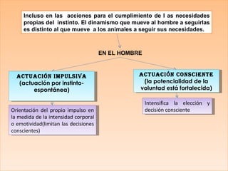 Incluso en las  acciones para el cumplimiento de l as necesidades propias del  instinto. El dinamismo que mueve al hombre a seguirlas es distinto al que mueve  a los animales a seguir sus necesidades. EN EL HOMBRE ACTUACIÓN IMPULSIVA  (actuación por instinto-espontánea) ACTUACIÓN CONSCIENTE (la potencialidad de la voluntad está fortalecida) Orientación del propio impulso en la medida de la intensidad corporal o emotividad(limitan las decisiones conscientes) Intensifica la elección y decisión consciente 