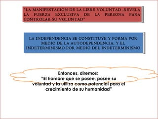“ LA MANIFESTACIÓN DE LA LIBRE VOLUNTAD ,REVELA LA FUERZA EXCLUSIVA DE LA PERSONA PARA CONTROLAR SU VOLUNTAD” LA INDEPENDENCIA SE CONSTITUYE Y FORMA POR MEDIO DE LA AUTODEPENDENCIA, Y EL INDETERMINISMO POR MEDIO DEL INDETERMINISMO Entonces, diremos:  “ El hombre que se posee, posee su voluntad y la utiliza como potencial para el crecimiento de su humanidad” 