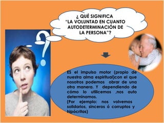 ¿ QUÉ SIGNIFICA  “ LA VOLUNTAD EN CUANTO AUTODETERMINACIÓN DE LA PERSONA”? ES el impulso motor (propio de nuestra alma espiritual)con el que nosotros podemos  obrar de una otra manera. Y  dependiendo de cómo lo utilicemos ,nos auto determinamos. (Por ejemplo: nos volvemos  solidarios, sinceros ó corruptos y  hipócritas) 