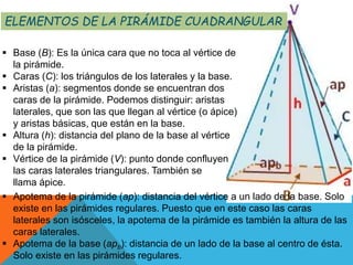  Base (B): Es la única cara que no toca al vértice de
la pirámide.
 Caras (C): los triángulos de los laterales y la base.
 Aristas (a): segmentos donde se encuentran dos
caras de la pirámide. Podemos distinguir: aristas
laterales, que son las que llegan al vértice (o ápice)
y aristas básicas, que están en la base.
 Altura (h): distancia del plano de la base al vértice
de la pirámide.
 Vértice de la pirámide (V): punto donde confluyen
las caras laterales triangulares. También se
llama ápice.
ELEMENTOS DE LA PIRÁMIDE CUADRANGULAR
 Apotema de la pirámide (ap): distancia del vértice a un lado de la base. Solo
existe en las pirámides regulares. Puesto que en este caso las caras
laterales son isósceles, la apotema de la pirámide es también la altura de las
caras laterales.
 Apotema de la base (apb): distancia de un lado de la base al centro de ésta.
Solo existe en las pirámides regulares.
 