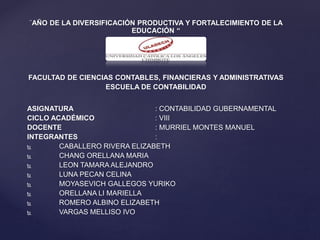 ¨AÑO DE LA DIVERSIFICACIÓN PRODUCTIVA Y FORTALECIMIENTO DE LA
EDUCACIÓN “
FACULTAD DE CIENCIAS CONTABLES, FINANCIERAS Y ADMINISTRATIVAS
ESCUELA DE CONTABILIDAD
ASIGNATURA : CONTABILIDAD GUBERNAMENTAL
CICLO ACADÉMICO : VIII
DOCENTE : MURRIEL MONTES MANUEL
INTEGRANTES :
 CABALLERO RIVERA ELIZABETH
 CHANG ORELLANA MARIA
 LEON TAMARA ALEJANDRO
 LUNA PECAN CELINA
 MOYASEVICH GALLEGOS YURIKO
 ORELLANA LI MARIELLA
 ROMERO ALBINO ELIZABETH
 VARGAS MELLISO IVO
 