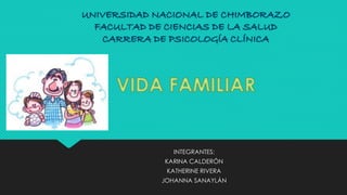 UNIVERSIDAD NACIONAL DE CHIMBORAZO
FACULTAD DE CIENCIAS DE LA SALUD
CARRERA DE PSICOLOGÍA CLÍNICA
INTEGRANTES:
KARINA CALDERÓN
KATHERINE RIVERA
JOHANNA SANAYLÁN
 
