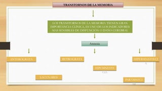 TRANSTORNOS DE LA MEMORIA
LOS TRANSTORNOS DE LA MEMORIA TIENEN GRAN
IMPORTANCIA CLÍNICA, ES UNO DE LOS INDICADORES
MAS SENSIBLES DE DISFUNCIÓN O DAÑO CEREBRAL
Amnesia
ANTEROGRATA RETROGRATA
LACUNARES
HIPOMNESTE
CIA
HIPERMNESTECI
A
PARAMNECI
AS
 