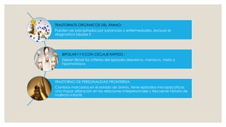 TRASTORNOS ORGÁNICOS DEL ÁNIMO:
Pueden ser precipitados por sustancias o enfermedades, excluye el
diagnostico bipolar II
BIPOLAR I Y II CON CICLAJE RÁPIDO :
Deben llenar los criterios del episodio depresivo, maniaco, mixto o
hipomaníaco.
TRASTORNO DE PERSONALIDAD FRONTERIZA:
Cambios marcados en el estado de ánimo, tiene episodios micropsicóticos,
una mayor alteración en las relaciones interpersonales y frecuente historia de
maltrato infantil.
 
