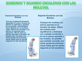 Subiendo Escaleras con las
Muletas
Con las muletas firmemente
apoyadas al suelo, levante su
pierna no operada y apóyela
en el escalón. Inclinándose
hacia delante en la muletas,
suba. Utilice las muletas y su
pierna no operada para
apoyarse. Ahora suba su
pierna operada al escalón. Es
posible que necesite una
cierta ayuda las primeras
veces hasta que se sienta
seguro/a en las escaleras.
Bajando Escaleras con las
Muletas
Coloque las muletas y la
pierna operada en el
escalón de abajo. Utilice
las muletas para
equilibrarse y deslícese
con cuidado moviendo a
la vez la pierna operada y
las muletas. Es posible
que también necesite una
cierta ayuda las primeras
veces hasta que se sienta
seguro/a en las escaleras.
 