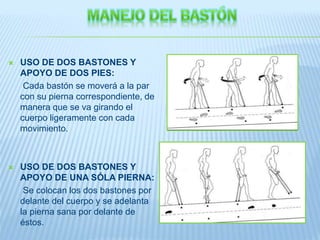  USO DE DOS BASTONES Y
APOYO DE DOS PIES:
Cada bastón se moverá a la par
con su pierna correspondiente, de
manera que se va girando el
cuerpo ligeramente con cada
movimiento.
 USO DE DOS BASTONES Y
APOYO DE UNA SÓLA PIERNA:
Se colocan los dos bastones por
delante del cuerpo y se adelanta
la pierna sana por delante de
éstos.
 