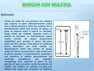 Definición:
 Forma de andar de una persona con muletas
que soporta el peso alternativamente sobre
una o ambas piernas y sobre las muletas. En la
deambulación sobre tres puntos de apoyo, el
peso se soporta sobre la pierna no afectada,
luego sobre las muletas, después sobre la
pierna no afectada. La deambulación sobre
cuatro puntos de apoyo proporciona
estabilidad pero precisa el apoyo del peso
sobre las dos piernas. Cada pierna se utiliza de
forma alternativa con cada muleta. La
deambulación sobre dos puntos de apoyo
utiliza de forma característica cada muleta con
la pierna opuesta. La deambulación oscilante o
con balanceo la utilizan generalmente los
pacientes parapléjicos con aparatos
ortopédicos que soportan el peso en las
piernas. El peso se ejerce sobre las piernas de
sostén; las muletas se colocan un paso por
delante del sujeto que entonces se balancea
 