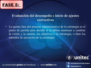 Evaluación del desempeño e inicio de ajustes
correctivos
• La quinta fase del proceso administrativo de la estrategia es el
punto de partida para decidir si se deben mantener o cambiar
la visión y la misión, los objetivos o la estrategia, o bien los
métodos de ejecución de la estrategia.
Fase 5:
 