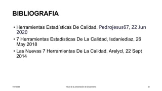 BIBLIOGRAFIA
• Herramientas Estadísticas De Calidad, Pedrojesus67, 22 Jun
2020
• 7 Herramientas Estadisticas De La Calidad, Isdaniediaz, 26
May 2018
• Las Nuevas 7 Herramientas De La Calidad, Arelycl, 22 Sept
2014
1/07/20XX Título de la presentación de lanzamiento 32
 