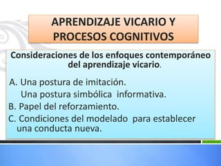 APRENDIZAJE VICARIO Y
PROCESOS COGNITIVOS
Consideraciones de los enfoques contemporáneo
del aprendizaje vicario.
A. Una postura de imitación.
Una postura simbólica informativa.
B. Papel del reforzamiento.
C. Condiciones del modelado para establecer
una conducta nueva.
 