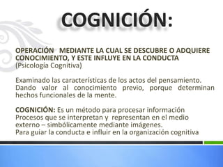 OPERACIÓN MEDIANTE LA CUAL SE DESCUBRE O ADQUIERE
CONOCIMIENTO, Y ESTE INFLUYE EN LA CONDUCTA
(Psicología Cognitiva)
Examinado las características de los actos del pensamiento.
Dando valor al conocimiento previo, porque determinan
hechos funcionales de la mente.
COGNICIÓN: Es un método para procesar información
Procesos que se interpretan y representan en el medio
externo – simbólicamente mediante imágenes.
Para guiar la conducta e influir en la organización cognitiva
COGNICIÓN:
 