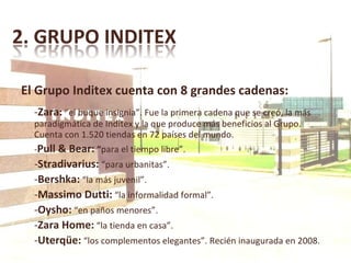 El Grupo Inditex cuenta con 8 grandes cadenas: - Zara:  “el buque insignia”. Fue la primera cadena que se creó, la más paradigmática de Inditex y la que produce más beneficios al Grupo. Cuenta con 1.520 tiendas en 72 países del mundo. - Pull & Bear:  “ para el tiempo libre”. - Stradivarius:   “para urbanitas”. - Bershka:   “la más juvenil”. - Massimo   Dutti:   “la informalidad formal”. - Oysho:   “en paños menores”. - Zara   Home:   “la tienda en casa”. - Uterqüe:   “los complementos elegantes”. Recién inaugurada en 2008. 