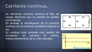 Corriente continua. 
Se denomina corriente continua al flujo de 
cargas eléctricas que no cambia de sentido 
con el tiempo. 
Es errónea la identificación de la corriente 
continua con la corriente constante (ninguna lo 
es). 
Es continua toda corriente cuyo sentido de 
circulación es siempre el mismo, 
independientemente de su valor absoluto. 
 