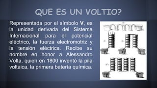 QUE ES UN VOLTIO? 
Representada por el símbolo V, es 
la unidad derivada del Sistema 
Internacional para el potencial 
eléctrico, la fuerza electromotriz y 
la tensión eléctrica. Recibe su 
nombre en honor a Alessandro 
Volta, quien en 1800 inventó la pila 
voltaica, la primera batería química. 
 