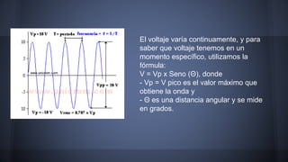 El voltaje varía continuamente, y para 
saber que voltaje tenemos en un 
momento específico, utilizamos la 
fórmula: 
V = Vp x Seno (Θ), donde 
- Vp = V pico es el valor máximo que 
obtiene la onda y 
- Θ es una distancia angular y se mide 
en grados. 
 