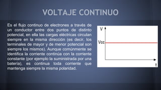 VOLTAJE CONTINUO 
Es el flujo continuo de electrones a través de 
un conductor entre dos puntos de distinto 
potencial, en ella las cargas eléctricas circulan 
siempre en la misma dirección (es decir, los 
terminales de mayor y de menor potencial son 
siempre los mismos). Aunque comúnmente se 
identifica la corriente continúa con la corriente 
constante (por ejemplo la suministrada por una 
batería), es continua toda corriente que 
mantenga siempre la misma polaridad. 
 