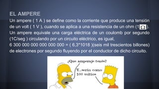 EL AMPERE 
Un ampere ( 1 A ) se define como la corriente que produce una tensión 
de un volt ( 1 V ), cuando se aplica a una resistencia de un ohm (1 ). 
Un ampere equivale una carga eléctrica de un coulomb por segundo 
(1C/seg ) circulando por un circuito eléctrico, es igual, 
6 300 000 000 000 000 000 = ( 6,3*1018 )(seis mil trescientos billones) 
de electrones por segundo fluyendo por el conductor de dicho circuito. 
 