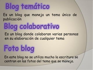 Es un blog que maneja un tema único de publicación 
Es un blog donde colaboran varias personas en su elaboración de cualquier tema 
En este blog no se utiliza mucho la escritura se centran en las fotos del tema que se maneja.  