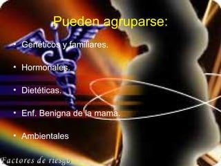 Pueden agruparse: Genéticos y familiares. Hormonales. Dietéticas. Enf. Benigna de la mama. Ambientales Factores de riesgo 