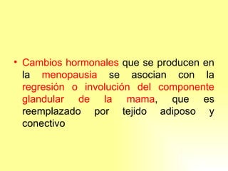 Cambios hormonales  que se producen en la  menopausia  se asocian con la  regresión o involución del componente glandular de   la mama , que es reemplazado por tejido adiposo y conectivo 