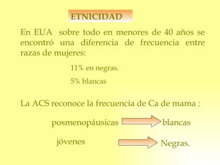 En EUA  sobre todo en menores de 40 años se encontró una diferencia de frecuencia entre razas de mujeres: 11% en negras. 5% blancas La ACS reconoce la frecuencia de Ca de mama : posmenopáusicas blancas jóvenes Negras. ETNICIDAD 