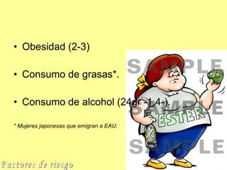 Obesidad (2-3) Consumo de grasas *. Consumo de alcohol (24gr -1.4-). * Mujeres japonesas que emigran a EAU. Factores de riesgo 